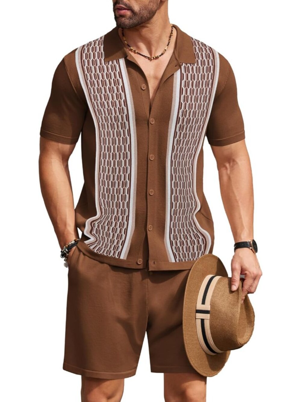 Coofandy Men's Brown Vintage Short Sleeve Button Down Knit Polo Shirts